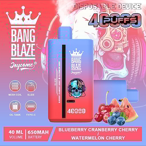Colorful advertisement for the Bang Blaze Joycome disposable vape device, featuring a pink and blue gradient design with a skull wearing headphones, 40000 puffs capacity, and flavors including blueberry, cranberry, cherry, and watermelon cherry; includes icons for mesh coil, slide, oil tank, and Type-C charging.