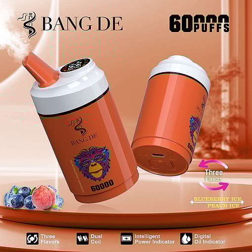 Two orange Bang De disposable vape devices, one upright emitting vapor and one lying down showing a charging port, with branding, 60,000 puffs text, three flavor options, and fruit illustrations for blueberry ice and peach ice.