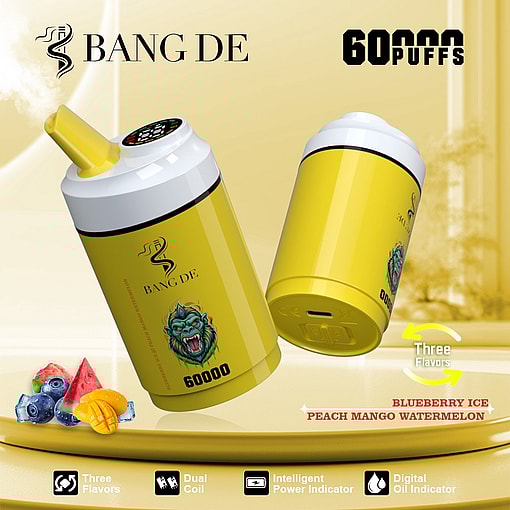 Promotional image for Bang De disposable vape device featuring a yellow and white body with a fierce gorilla illustration, highlighting 60,000 puffs, three flavors (blueberry ice, peach mango, watermelon), and features like dual coil, intelligent power indicator, and digital oil indicator.