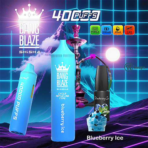 Bang Blaze Blueberry Ice shisha vape product advertisement with two blue vape devices, a hookah, a vape juice bottle, and a blueberry ice dessert on a neon grid background, highlighting features like 40000 puffs, 40ml liquid, and 1000mAh battery.