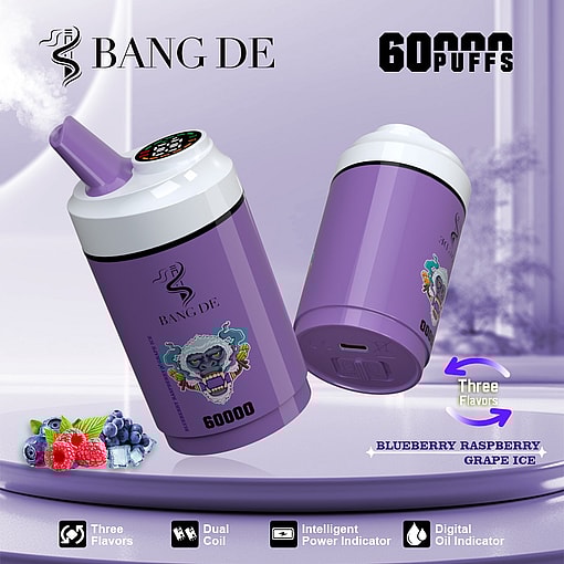 Two purple Bang De disposable vape devices with a gorilla graphic, featuring 60,000 puffs, and flavor options of blueberry, raspberry, and grape ice, displayed with fruit and ice illustrations on a soft purple background.