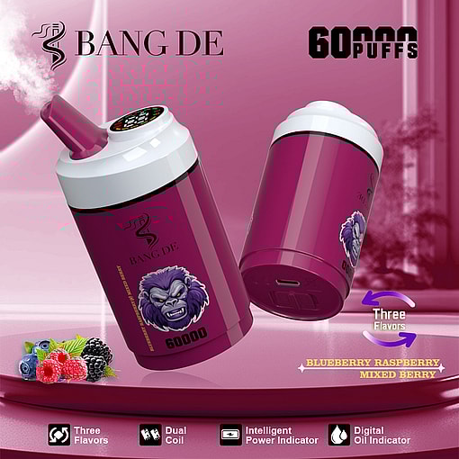 Promotional image for the Bang De vape device showing two purple vape units with a gorilla face graphic, text highlighting 60,000 puffs and three flavors (blueberry, raspberry, mixed berry), and icons indicating features like dual coil and digital indicators, with berries pictured in the foreground.