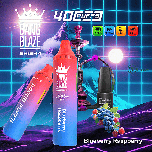 Colorful advertisement for Bang Blaze Shisha Blueberry Raspberry vape, featuring two vape pens, a hookah, berries, and product features like 4000 puffs, Type-C charging, 1000mAh battery, 40ml capacity, and 0.6Ω mesh coil.