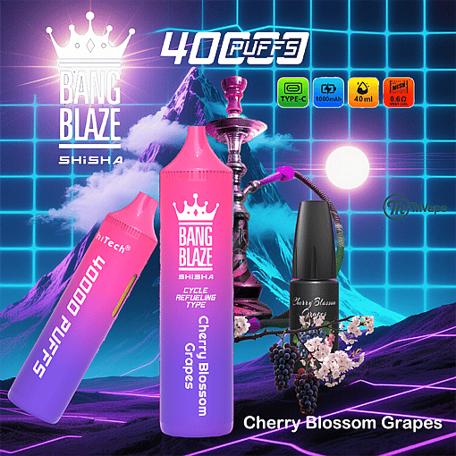 Promotional image for Bang Blaze Shisha Cherry Blossom Grapes flavor featuring two colorful vape devices, a hookah, a bottle labeled 'Cherry Blossom Grapes,' grapes, and cherry blossoms against a neon grid mountain background with product features highlighted at the top.