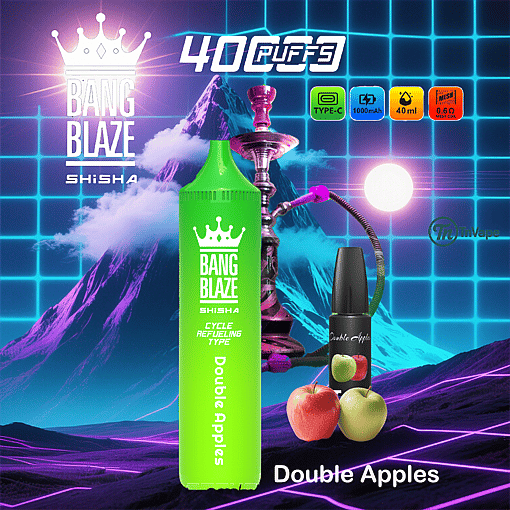 Promotional image for Bang Blaze Shisha vape in Double Apples flavor, featuring a green vape device, a hookah, apples, and vaping liquid against a neon grid and mountain background, highlighting 4000 puffs and product specifications.