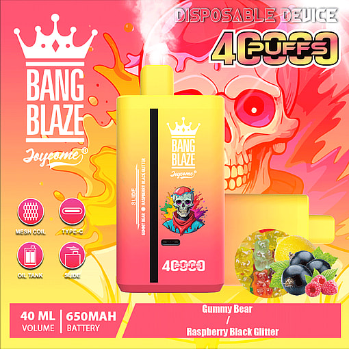 Colorful advertisement for a Bang Blaze Joycome disposable vape device with a 40ml volume and 650mAh battery, gummy bear and raspberry black glitter flavors, a large illustrated skull in the background, and images of gummy bears, blackcurrants, and raspberries in the foreground.