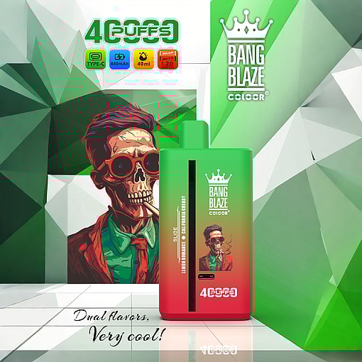 Colorful geometric background featuring a Bang Blaze Color vape device in green and red with a stylized illustration of a person in a suit and bow tie, product branding, and flavor information.