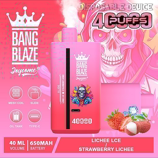 Bang Blaze Joycome disposable vape device in pink with illustrations of lychee, strawberries, and ice, highlighting lychee ice and strawberry lychee flavors, mesh coil, 40ml volume, and 650mAh battery.