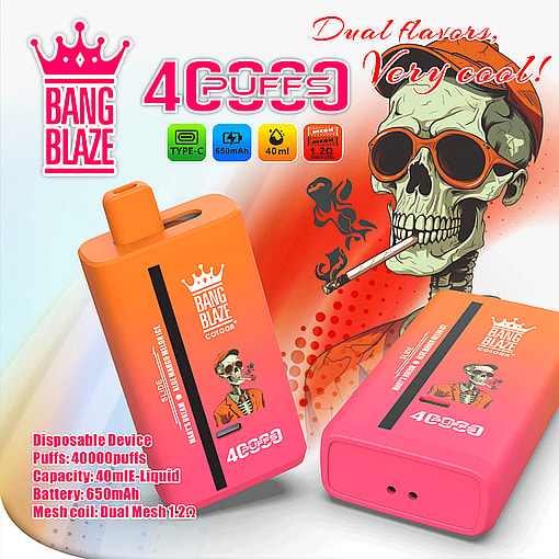 Promotional image for Bang Blaze disposable vape device featuring two brightly colored vape units, product specifications, and a stylized illustration of a smoking skeleton wearing sunglasses and a hat.