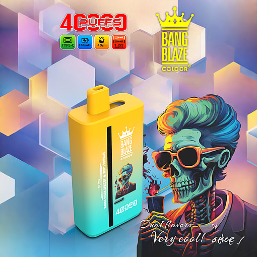 Colorful advertisement for Bang Blaze Color vape, featuring a yellow and blue vape device and a stylized skeleton in sunglasses smoking, with vibrant geometric background and product details like 650mAh, 40ml, and dual flavors.