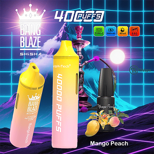 Advertisement for Bang Blaze Shisha vape in mango peach flavor, showing two vape devices, a hookah, a vape liquid bottle with mango and peach fruits, and icons highlighting 40,000 puffs, type-C charging, 1000mAh battery, 40ml capacity, and mesh coil, all set against a neon grid background.