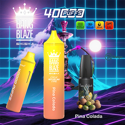 Promotional image for Bang Blaze Shisha Pina Colada vape, featuring two vape devices, a hookah, a flavor bottle with tropical fruits, and icons highlighting 40,000 puffs, type-C charging, 1000mAh battery, 40ml capacity, and 0.6Ω mesh coil, set against a neon retro grid background.