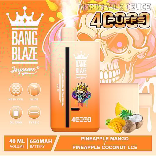 Advertisement for Bang Blaze disposable vape device with a crown logo, featuring a colorful crowned skull illustration, flavor options Pineapple Mango and Pineapple Coconut Ice, 40ml volume, 650mAh battery, mesh coil, type-C charging, and 4000 puffs, with images of pineapple, mango, and coconut on an orange background.