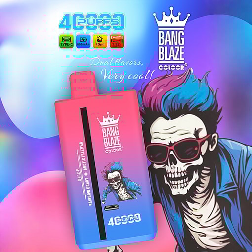 Colorful Bang Blaze vape device with gradient pink and blue design, cartoon character with vibrant blue and pink hair wearing a blue jacket, and promotional text highlighting dual flavors and product features.