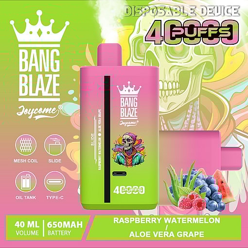 Colorful advertisement for a Bang Blaze disposable vape device with raspberry, watermelon, aloe vera, and grape flavors, featuring bright graphics including a cartoon skeleton with a blurred face, fruit illustrations, and product specs highlighting 40ml volume, 650mAh battery, and 4000 puffs.