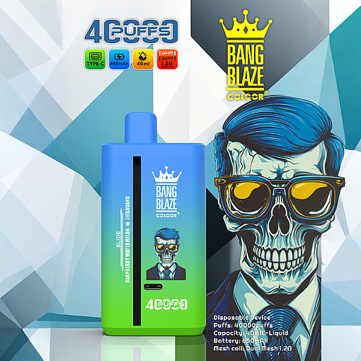 Bang Blaze Color disposable vape device in blue and green with crown logo and text about raspberry winter lemon flavor, shown next to a stylized illustration of a man with blue hair, all set against a geometric blue and white background.