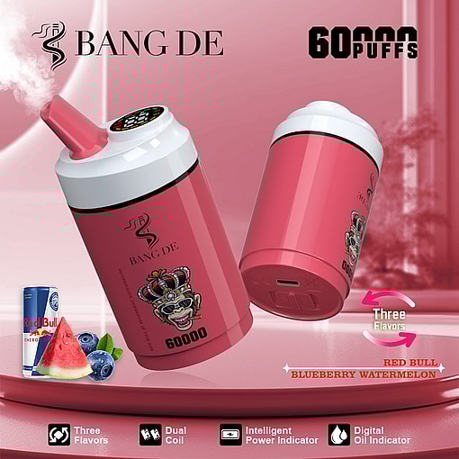 Promotional image for Bang De disposable vape featuring a pink device with 60,000 puffs, Red Bull, blueberry, and watermelon flavors, and icons highlighting three flavors, dual coil, intelligent power indicator, and digital oil indicator.