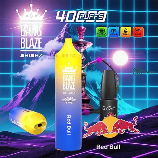 Bang Blaze Shisha vape device and Red Bull flavored e-liquid bottle with Red Bull logo, set against a neon grid and mountain background with vapor clouds, highlighting features like 4000 puffs, Type-C charging, 1000mAh battery, 40ml capacity, and mesh coil.