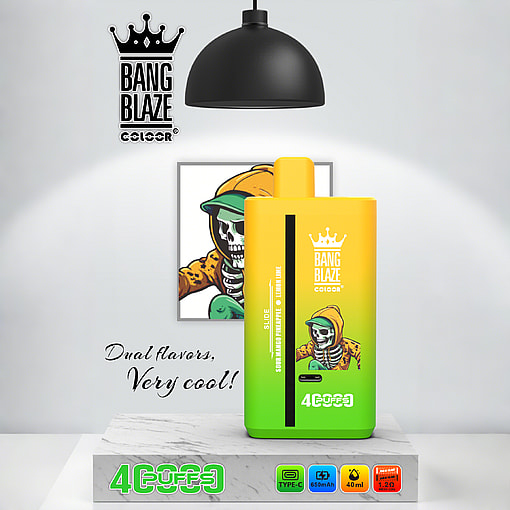Bang Blaze Coloer vape device with a yellow-green gradient design, branding, a cartoon skeleton in a hoodie, and icons showing dual flavors, Type-C charging, 650mAh battery, and 40ml capacity.