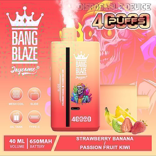 Advertisement for Bang Blaze Joycome disposable vape device featuring 40000 puffs, 40ml volume, 650mAh battery, mesh coil, and type-C charging, with flavors strawberry banana and passion fruit kiwi, and colorful packaging with skull artwork.