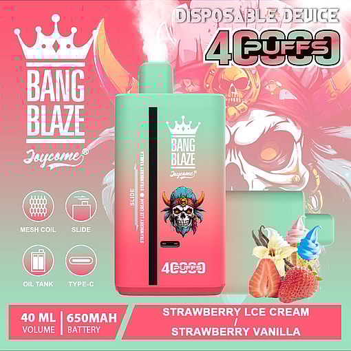 Promotional image for a Joycome Bang Blaze disposable vape device featuring 4000 puffs, strawberry ice cream and strawberry vanilla flavors, product graphics, a skull illustration, and key features including 40ml volume, 650mAh battery, mesh coil, slide feature, oil tank, and Type-C charging.