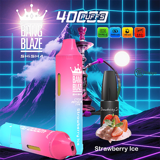 Promotional image for BANG BLAZE Shisha Strawberry Ice vape, featuring two colorful vape devices, a bottle of e-liquid with strawberries and cream, a hookah, and graphical icons showing 4000 puffs, Type-C charging, 1000mAh battery, 40ml capacity, and mesh coil.