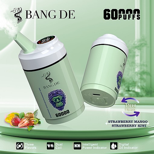 Promotional image for a BANG DE disposable vape device with a green body, a purple gorilla logo, 60,000 puffs, three flavor selection (strawberry, mango, kiwi), and features including dual coil, intelligent power indicator, and digital oil indicator.