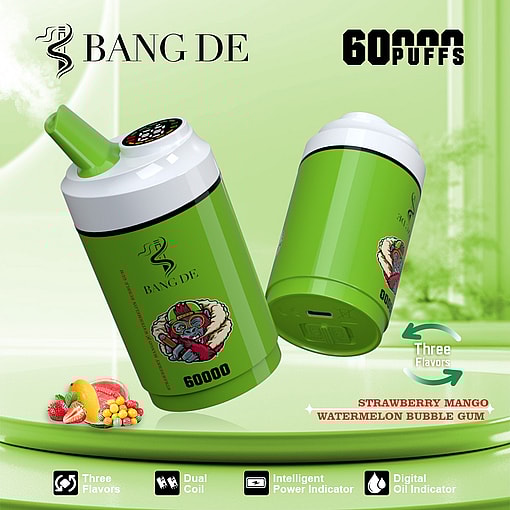 Two green Bang De vape devices with a cartoon monkey graphic, labeled for 60,000 puffs and three flavors (strawberry mango, watermelon, bubble gum), on a green background with product feature icons.
