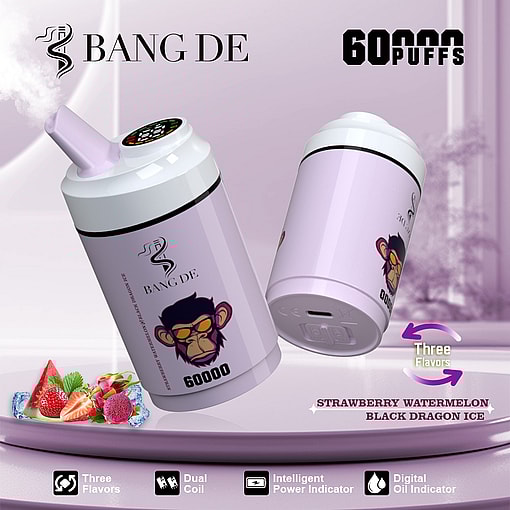 Promotional image for BANG DE vape device featuring two purple disposable vapes with a cartoon monkey logo, text highlighting 60,000 puffs, three flavors (strawberry, watermelon, black dragon ice), and icons for three flavors, dual coil, intelligent power indicator, and digital oil indicator.