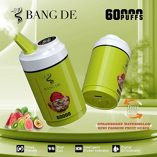 Promotional image for BANG DE disposable vape showing two green vape devices, fruit illustrations, the flavor options strawberry watermelon, kiwi passion fruit, and guava, and text highlighting features like 60,000 puffs, three flavors, dual coil, intelligent power indicator, and digital oil indicator.