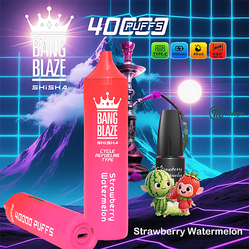Promotional image for Bang Blaze Shisha featuring a pink disposable vape labeled 'Strawberry Watermelon,' colorful icons highlighting features like type-C charging, 1000mAh battery, 40ml capacity, and 0.6Ω mesh coil, a hookah in the background, a bottle labeled 'Strawberry Watermelon,' and two cute cartoon characters resembling a strawberry and a watermelon against a neon grid and mountain backdrop.
