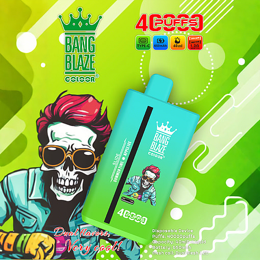 Colorful vape product packaging featuring a cartoon character with red hair, sunglasses, and a skull face, vibrant green and turquoise background, and text highlighting Bang Blaze Color, dual flavors, and device specifications.