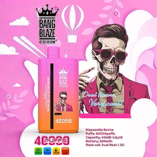 Colorful advertisement for Bang Blaze disposable vape with a pink and orange device, dual flavor promotion, bold graphics, and key features listed such as 40,000 puffs and 650mAh battery; blurred face illustration in background.