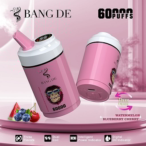 Two pink Bang De disposable vapes with a cartoon monkey wearing sunglasses, featuring 60,000 puffs, three flavors (watermelon, blueberry, cherry), and icons highlighting features like dual coil and intelligent indicators.