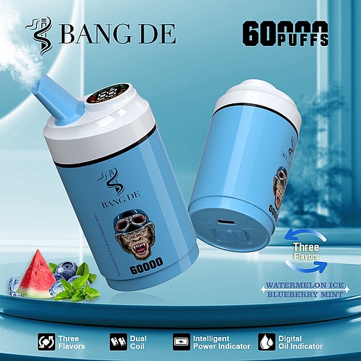 Two blue BANG DE branded disposable vape devices with digital indicators, labeled for 60,000 puffs and featuring dual coil, three flavor options (watermelon ice, blueberry mint), and power and oil indicators, surrounded by flavor ingredients like watermelon, blueberries, and mint.