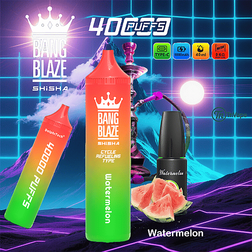 Promotional image for Bang Blaze Shisha vape products in watermelon flavor, featuring colorful vape devices, a bottle labeled Watermelon alongside watermelon slices, a shisha hookah, and product feature icons on a neon grid background.
