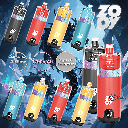 Various colorful Zov vape devices displayed against a fantasy ice dragon background, highlighting features such as adjustable airflow, 1700mAh battery, and Type-C rechargeable port.