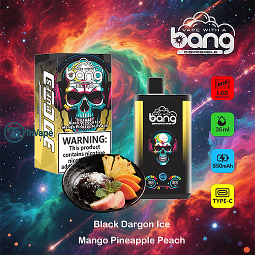 Colorful advertisement for Bang disposable vape in Black Dragon Ice Mango Pineapple Peach flavor, featuring the vape device, packaging with a neon skull design, a bowl of assorted fresh fruit including dragon fruit, pineapple, and peach, and highlighted product features against a bright cosmic background.