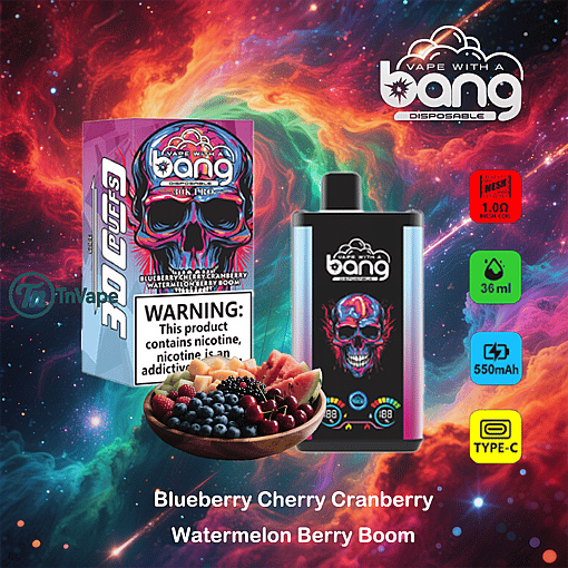 Promotional image for a Bang disposable vape featuring a colorful cosmic background, a vape device, product packaging with a skull design, a bowl of mixed berries and watermelon, and text highlighting flavors and key features like 30,000 puffs, 1.0Ω mesh coil, 36ml e-liquid, 550mAh battery, and Type-C charging.