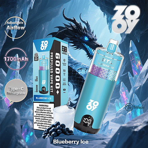 Promotional image for a ZOOVY Blueberry Ice prefilled vape kit featuring the device, a box displaying specifications like 6000+ puffs and 1700mAh battery, blueberries with ice, and an illustrated black dragon in an icy cave background.