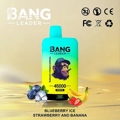 Bang Leader vape device featuring a cartoon chimpanzee with sunglasses and a hat, surrounded by blueberries, ice cubes, strawberries, and bananas, with text indicating blueberry ice, strawberry, and banana flavors and 45,000 puffs.