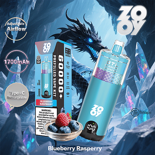 Promotional image for a Zov brand Blueberry Raspberry prefilled vape kit, featuring a blue vape device, its packaging, a glass bowl with blueberries and a raspberry, product features like adjustable airflow and a 1700mAh rechargeable battery, and a fantasy-style black dragon in an icy crystal cave background.