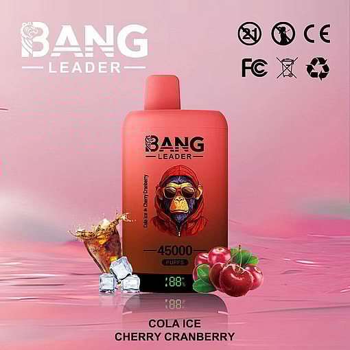 Red Bang Leader vape device featuring a monkey with sunglasses and hoodie, shown with cola, ice cubes, cherries, and cranberries on a pink background, labeled '45000 puffs' and 'Cola Ice Cherry Cranberry'.