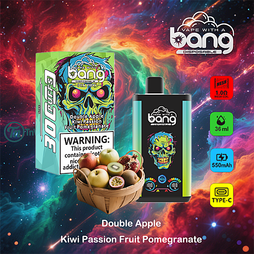 Colorful vape product packaging and device from the Bang brand featuring a neon skull design, surrounded by cosmic background, a basket of fruit (apples, kiwi, passion fruit, and pomegranate), and product specs like 30 cufts, 36ml, 550mAh, and Type-C charger.