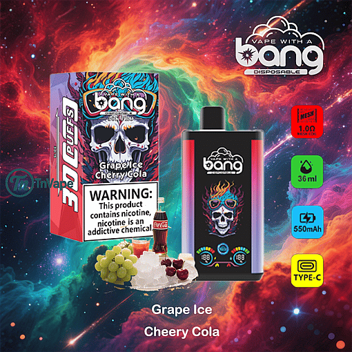 Bang disposable vape packaging and device featuring a flaming skull with sunglasses, set against a colorful cosmic background with icons indicating 36ml capacity, 550mAh battery, mesh coil, and USB Type-C charging, along with images of grapes, cherries, and a cola bottle to highlight the grape ice cherry cola flavor.