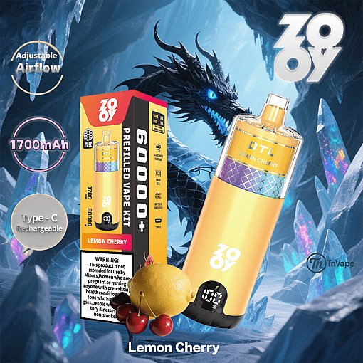 Promotional image for Zov Lemon Cherry prefilled vape kit featuring a yellow and purple vape device, product box, a lemon with cherries, and a blue dragon in the background, highlighting features such as adjustable airflow, 1700mAh battery, and Type-C charging.