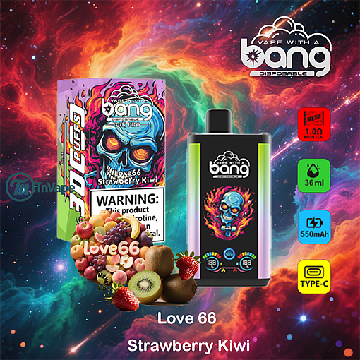 Bang disposable vape packaging and device with a blue flaming skull design, variety of fruits including strawberry and kiwi in foreground, product name 'Love 66 Strawberry Kiwi,' and icons highlighting 1.0Ω mesh coil, 36ml capacity, 550mAh battery, and Type-C charging, set against a colorful cosmic background.
