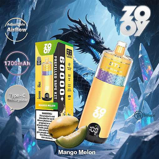 Mango Melon flavored Zovoo prefilled vape kit with 6000+ puffs, 1700mAh battery, Type-C charging, and adjustable airflow, displayed with images of mango and melon slices, a fantasy dragon background, and product packaging.