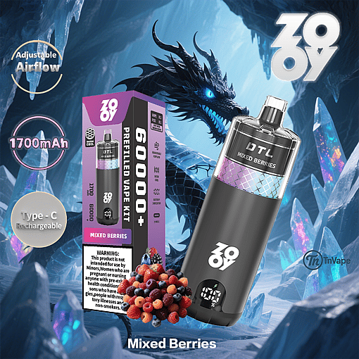 Promotional image for the Zov vape kit in mixed berries flavor, featuring the device, product packaging, a pile of assorted berries, and a blue dragon in an icy fantasy background; key specs like adjustable airflow, 1700mAh battery, and Type-C charging are highlighted.