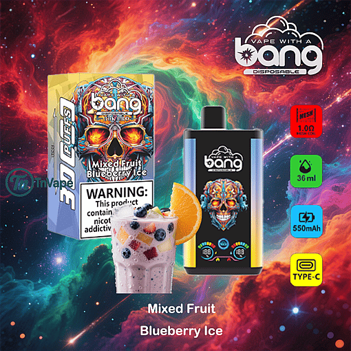 Colorful advertisement for Bang disposable vape featuring a skull design, mixed fruit and blueberry ice flavor, product packaging, a fruit smoothie with blueberries and an orange slice, and key specifications like 36ml capacity, 550mAh battery, and mesh coil, set against a vibrant galaxy background.